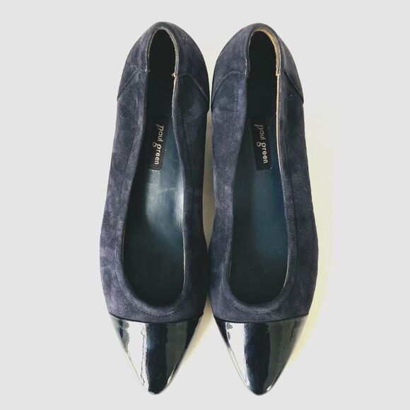 Paul Green Navy Suede Black Patent Cap Block Heel Pumps US size 7.5 Preppy - Picture 3 of 12